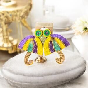 NEW New Orleans Parade Parasol Umbrella Statement Earrings MardiGras Sequin Bead